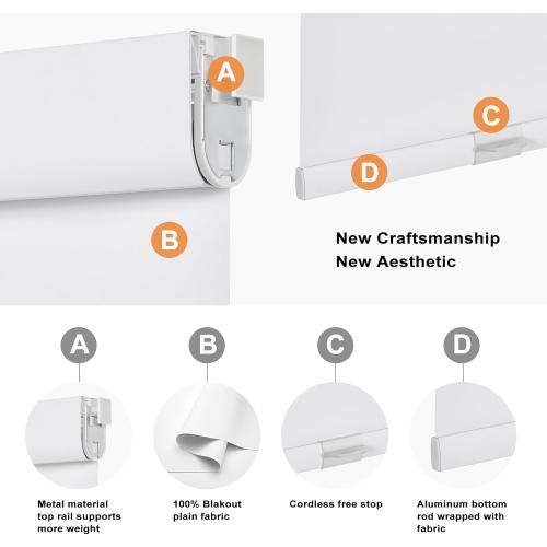 Persilux No Drill No Tools 100% Blackout Roller Shades for Window Blinds Cordless Room Darkening Roller Blinds, UV Protection Thermal Insulated Shades for Home Easy to Install (White, 31.5W x 72H)