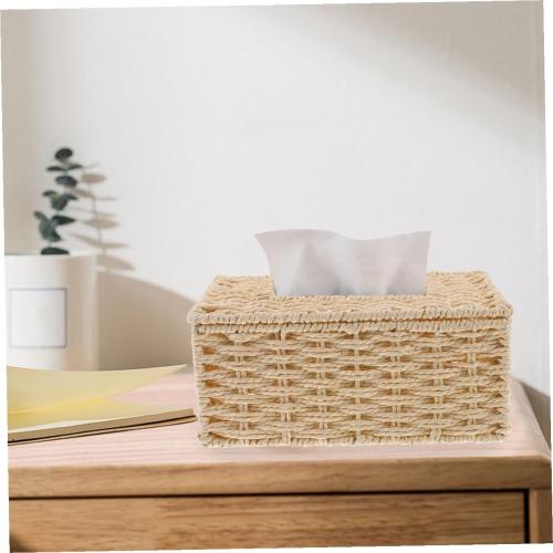 Woven Paper Rope Tissue Box Holder, Handmade Rattan Napkin Storage Basket, Beige Decorative Tissue Cover for Home Office Bathroom