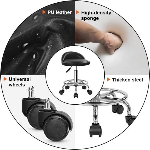 KKTONER PU Leather Round Rolling Stool with Foot Rest Height Adjustable Swivel Drafting Work SPA Task Chair with Wheels (Black)