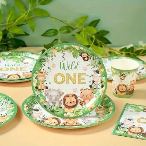 120PCS Wild One Party Supplies for Boys 1st Kids First Birthday Party Jungle Animal Safari Decorations Woodland themed Tableware Set Plates Napkins Cups Set for 20 Guests