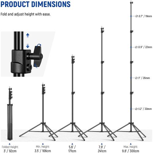 NEEWER 9.8ft/3m Air Cushioned Light Stand, Heavy Duty Metal Photography Tripod Stand with 1/4 to 3/8 Reversible Spigot, 3 Way Mounting Interface & Metal Locking Knobs, Max Load 5.5lb/2.5kg