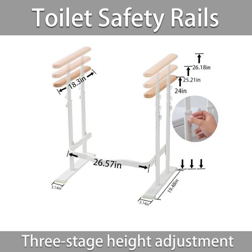 Toilet Safety Rails for Seniors - Toilet Safety Frame with Dual Pillars, Waterproof Nighttime Reflective Base, 3-Speed Height Adjustment (White, Double Pillar)