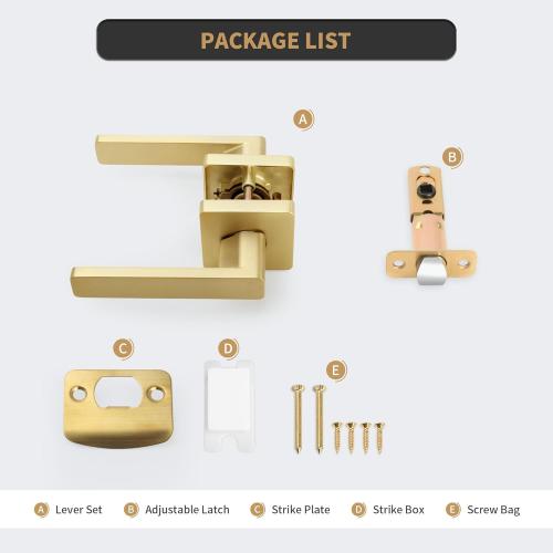 Brushed Gold Door Handles, Heavy Duty No Lock Passage Door Lever, Reversible Square Door Handle Without Lock for Hallway Closet Doors, Satin Brass