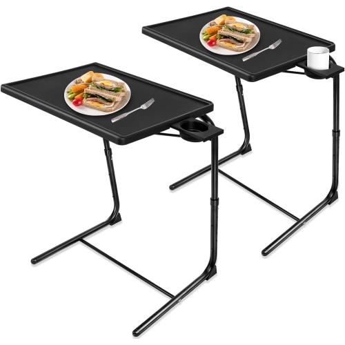 TV Tray Table, TV Dinner Table with 3 Tilt Angles and 6 Height Adjustments, Folding Adjustable Tray Tables with Cup Holder for Eating on Couch, Bed & Sofa, Set of 2 ‼️used‼️