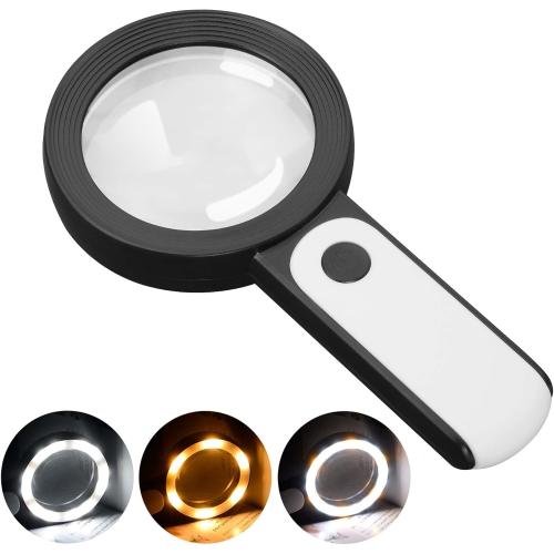 JMH Magnifying Glass with Light, Handheld Large Magnifying Glass 18LED Cold and Warm Light with 3 Modes, Illuminated Lighted Magnifier for Seniors Reading, Coins, Jewelry