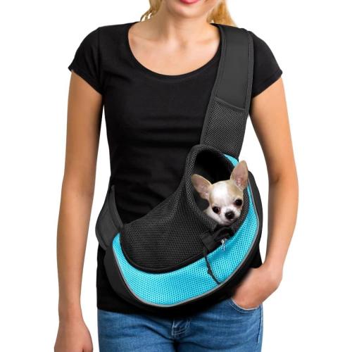 YUDODO Pet Sling Carrier for Small Dogs & Cats – Hands-Free Puppy Carrier with Safety Hook, Large Zipper Pocket, Soft Breathable Mesh, Adjustable Strap & Reflective Strip (Cyan 2.0 M)