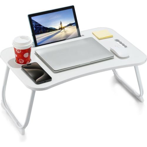 Laptop Bed Desk, Foldable Lap Desk, Portable Lap Table, Laptop Stand with Cup Holder & Tablet Slot & Lifting Handle for Working Writing Drawing & Eating - White