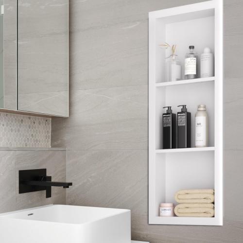 Stainless Steel Shower Niche 12 x 36, 3-Layer Wall Mounted No Tile Needed, Recessed Shower Niche with Hollow Partition, Shower Niches Shelf for Bathroom Organizer, White