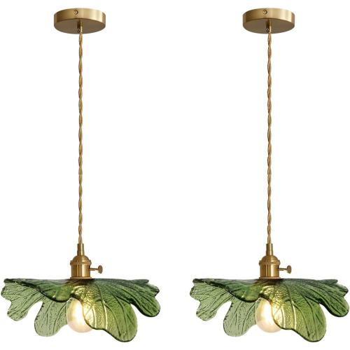 Green Glass Pendant Light Kitchen Flower Ceiling Light Fixture with Leaves Glass Shade, Mid Century Gold Hanging Light for Living Room Bedroom Dining Room, Set of 2