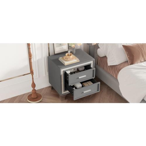 Mid Century Vintage Nightstand with Silver Glitter Strip, Gray Velvet Bedside Table with 2 Drawers and Metal Legs