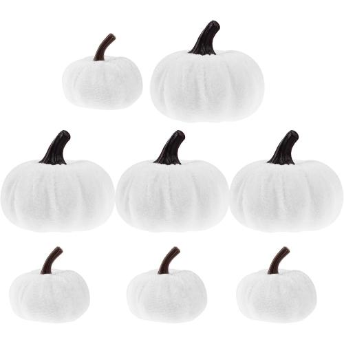 Artificial Foam Pumpkins Halloween Decoration Set, Colorful Wrapped Velvet Surface, White  Mixed Sizes, Seasonal Harvest Ornament for Home and Party Decor