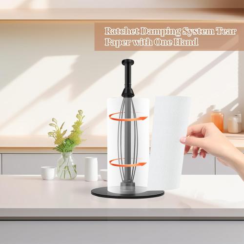 Paper Towel Holder Countertop, Stainless Steel Black Standing Weighted Paper Towel Holder with Non-Slip Suction Cup Base, One-Handed Tear Paper Roll Holder for Kitchen Bathroom