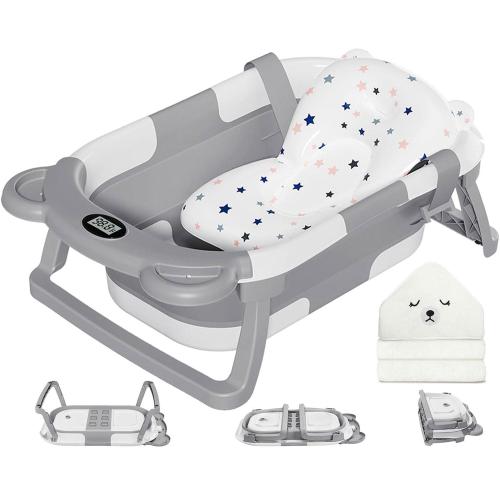 MoreFeel Collapsible Baby Bathtub for Newborn with Thermometer & 1 Hooded Towel & 1 Soft Floating Cushion,Portable Travel Bathtub with Drain Hole, Durable Foldable Baby Tubs for Infants to Toddler