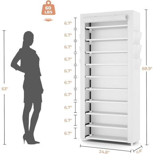 VTRIN Vertical Narrow Shoe Rack Organizer Tall Shoe Rack for Closet Entryway 10 Tier Non-Woven Cover Shoe Shelf Holds 36-41 Pairs Free Standing Shoe Storage Cabinet with Dustproof Cover, White