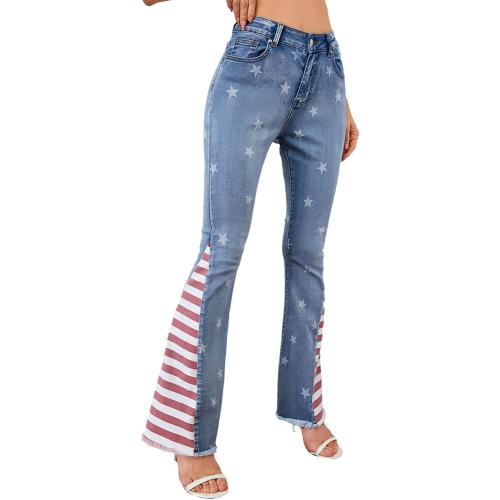 Women's 3XL Ripped American Flag Bell Bottom Jeans High Waisted Frayed Raw Hem Casual Slim Denim Pants