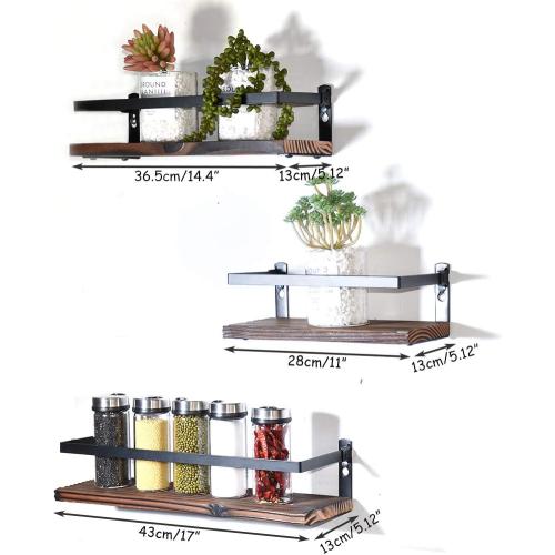 Floating Shelves Rustic Wood Wall Mounted Shelf Practical Metal Fence Design Ideal for Bedroom, Bathroom, Kitchen Set of 3(Brown)