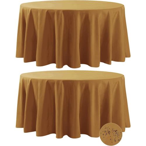 Fokitut 2 Pack Waterproof Round Tablecloth, 132 Inch, Stain Resistant and Wrinkle Polyester Table Cloth, Fabric Table Cover for Kitchen Dining, Wedding, Party, Holiday Dinner-Gold