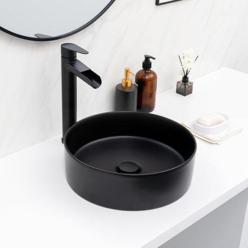 14x14 Round Bathroom Vessel Sink Black, Small Bathroom Sinks Modern Above Counter Ceramic Countertop Vessel Vanity Sink, Lavatory Vanity Art Basin, Countertop Bathroom Sink (missing piece)