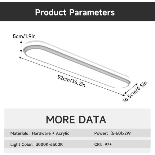 Smart LED Ceiling Light,36.2In Dimmable Modern Metal Linear LED Ceiling Lamp,Flush Mount Wraparound Shape Lighting Fixture with Remote Control for Kitchen Dining Room & Laundry 55W