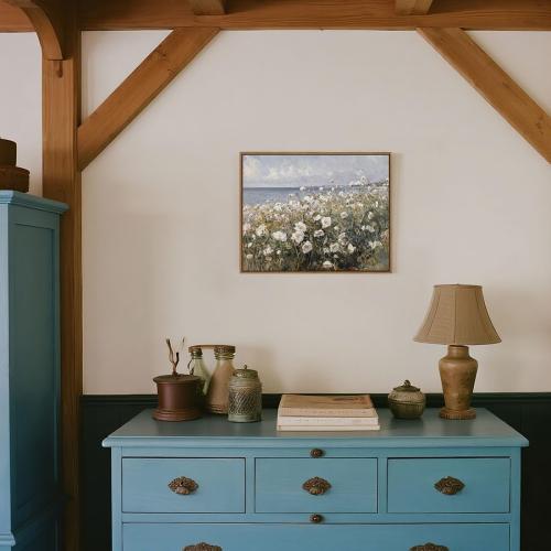 Framed Landscape Wall Art Blue Ocean Theme White Flower Pictures Wall Decor Abstract Floral Painting Prints Modern Seascape Artwork for Living Room Bedroom Bathroom Home Office Decoration