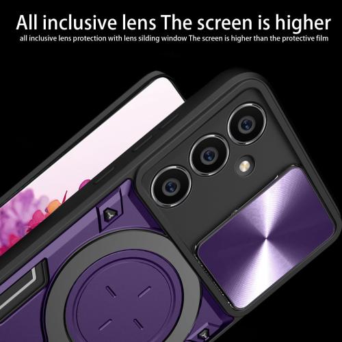 Asuwish Phone Case for Samsung Galaxy S23 FE 5G Slide Camera Magnetic Cover with Tempered Glass Screen Protector and Ring Holder Stand Hybrid Mobile Cell Accessories S 23 EF S23FE 23S Women Purple