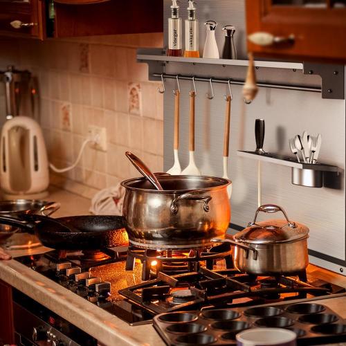 30x30 Stainless Steel Range Backsplash with Stove & Range Hood - Wall Mount Kitchen Back Panel with Storage Shelf & Knife Rack, Pre-Drilled Holes, Easy to Clean & Install