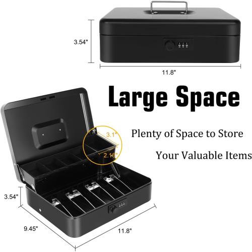 Cash Box with Money Tray and Combination Lock, Large Money Box for Cash Regiser, Safe Lock Box for Money Saving Metal 11.8x9.45x3.54 Black XL Large