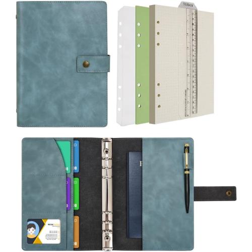 Wonderpool Leather Journal Refillable Notebook Spiral Diary Binder Portfolio - A5 Dot Grid Paper & Inner Pockets for Travel Work and Personal Organizer (Lake Blue, A5)
