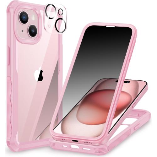 Size Iphone 15 Color Pink CENHUFO Privacy for iPhone 15 Case, Full Body Phone Case with Built-in 9H Tempered Glass Privacy Screen Protector and Camera Lens Protector, Anti Peep Spy Shockproof Bumper Clear Cover - Pink