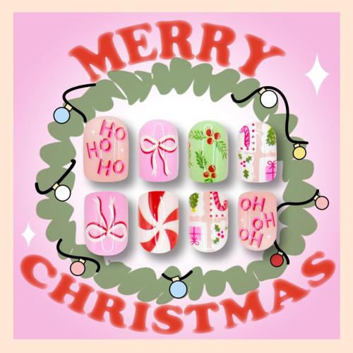 Christmas Press on Nails Candy Fake Nails Pink False Nail with Bow Design Holly Glue on Nails Glossy Full Cover Artificial Acrylic Short Oval Stick on Nail for Women Girls Xmas Manicure 24 Pcs