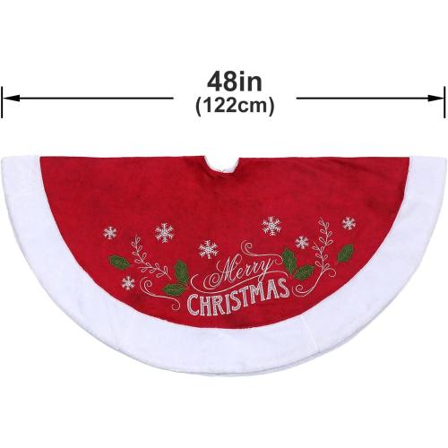 XAMSHOR Christmas Tree Skirt, 48 Inches Embroidered Xmas Tree Skirt with White Trim Holiday Party Ornaments Indoor Outdoor Decorations, Snowflake and Leaves Pattern Red