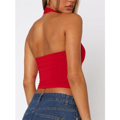 Red Size Small ForeFair Women Halter Neck Backless Crop Top Sexy Y2K Sleeveless Tank Top Open Back Slim Fit Tops