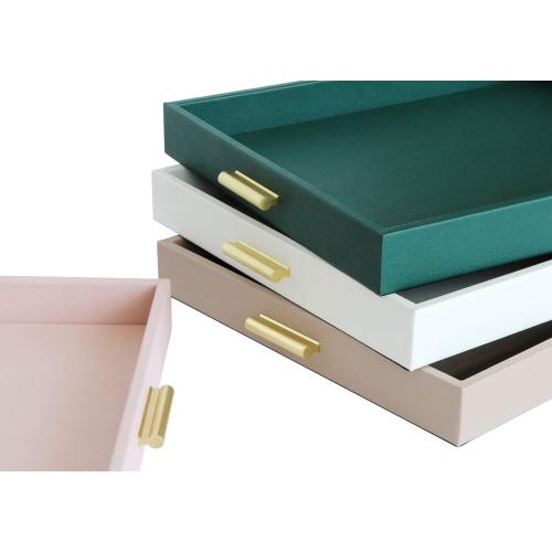 HofferRuffer Extra Large Serving Tray with Handles, Elegant Faux Leather Storage Decorative Tray for Coffee Table, Ottoman, Console Table (Green Tray Golden Handle)