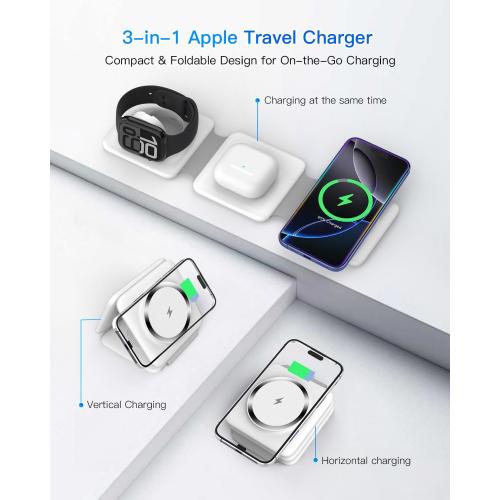 Charging Station for Apple Multiple Devices - 3 in 1 Foldable Magnetic Wireless Charger Dock - Travel Charging Pad for iPhone 16 15 14 13 12 Pro Max Plus Watch & Airpods