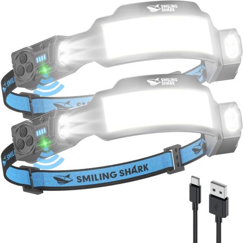Smiling Shark TS-6 Headlamp, Dual Spotlight with 6X Floodlight & Strobe LED Head Torch Rechargeable 2400mAh Long-Lasting for Camping Hiking Running Jogging (2 Pack)