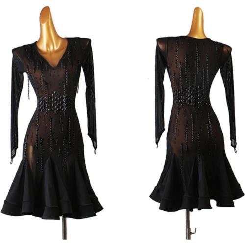 Size XXL Latin Dance Competition Dresses for Women Mesh Ballroom Dance Costume Applique Cha Cha Dance Dress