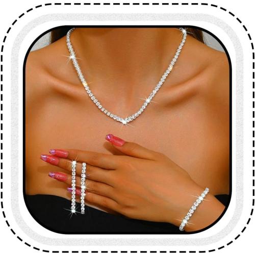 Unicra Rhinestone Bridal Wedding Jewelry Set Silver Necklace Earrings Bracelet Sets Prom Formal Costume Jewelry Sets for Women and Brides