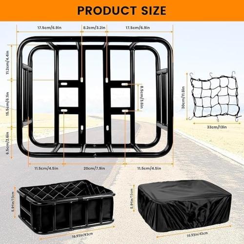 Bike Basket Rear, Large Bicycle Basket with Cargo Net, Liner and Waterproof Cover for Electirc Bike, Ebike and Bikes, Large Capacity Wire Bakset