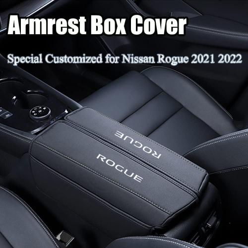 XITER with Rogue Logo 1PC Leather Center Console Armrest Cover with Side Pockets for Nissan Rogue 2021 2022 2023 2024 2025 2026 Accessories(Black Stitches)
