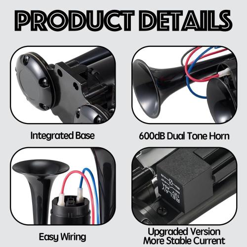 12V 600DB Super Loud Dual Electric Air Horns Kit with Compressor Applicablefor Any 12V Vehicles SUV Truck Car Airhorns Horn Loud Motorcycle Trucks Boats Trains Speaker (Black)