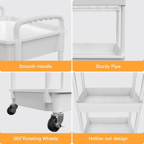 White 3 Tier Rolling Utility Cart with Drawer,REBECAT Utility Cart Made of Multifunctional Storage Organizer Tool for Kitchen,Bathroom,Living Room,Office(White)