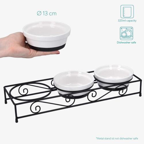 Navaris Ceramic Pet Bowl Set - Small Dogs, Puppies, and Cat Food Bowl with Non-Slip Retro Metal Stand - Dog or Cat Bowls for Indoor Cats and Dogs - Set of Bowls, 10.8 oz Each
