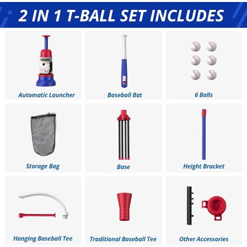 3-in-1 Baseball Set for Kids 3-5 - Tee Ball Stand, Hanging Tee, Ball Launcher and 6 Softballs - Adjustable Height, Indoor/Outdoor Sport Gifts for Boys Girls, Blue