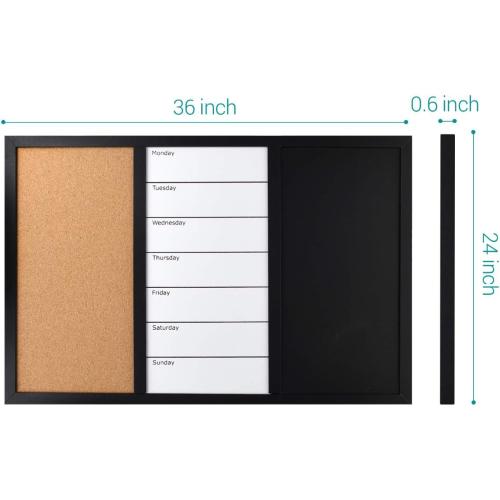 Navaris Combination Board Cork/Whiteboard/Chalkboard - 24 x 36 inches Combo Bulletin Magnetic Dry Erase Chalk Board Weekly Planner Message Organizer