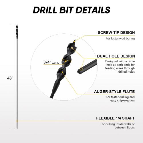 HUAALIUCHE Installer Drill Bit 48-Inch x 3/4-Inch Fish Bit for Pulling Wire Through Tight Spaces with Minimal Damage -1 Pack