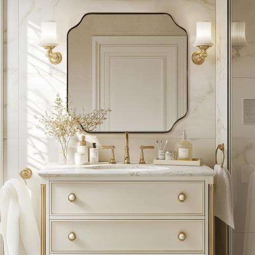 ANDY STAR 30x30 Square Bathroom Mirror, Brushed Gold Scalloped Mirror for Wall, Antique Brass Mirror with Designer-Crafted Rounded Notched Corners, Ideal for Home Remodel