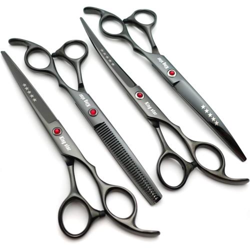 7.0in Titanium Professional dog Grooming Scissors set,Straight & Thinning & Curved scissors 4pcs set for Dog grooming (Bright black)