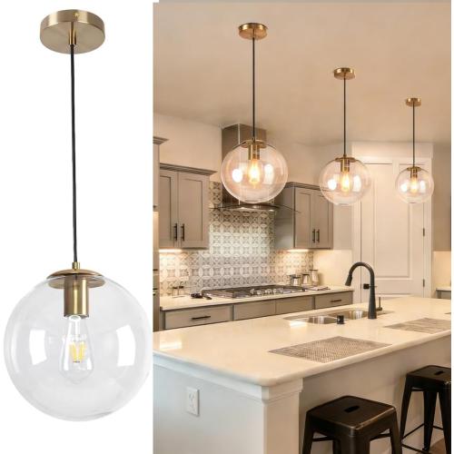 Modern Globe Glass Pendant Light 10” Mid Century Pendant Light Gold Finish Adjustable Hanging Light Fixture Clear Glass Lampshade Kitchen Island Light for Dining Room Bedroom Living Room