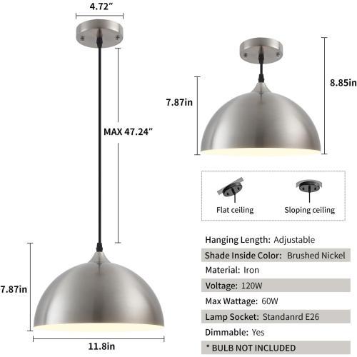 Brushed Nickel Industrial Pendant Light 11.8inches 2 Packs,Mental Hanging Light Fixtures for Kitchen Island,Dome Pendant Light,Ceiling Light Fixtures for Restaurant Dining Room Aisle