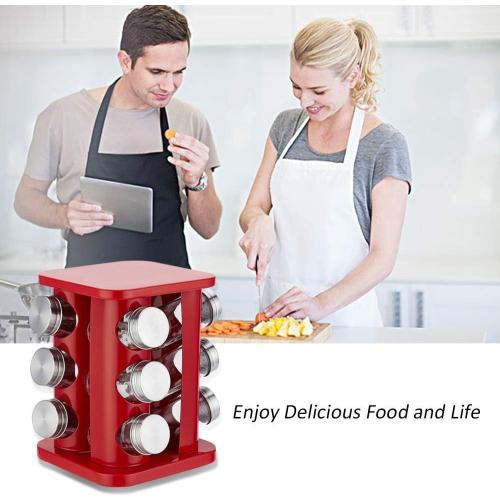 Rotating Spice Rack Organizer with 12 Jars - Revolving Standing Seasoning Tower with 12 Glass Bottles for Countertop Kitchen Cabinet, Stainless Steel, Silver